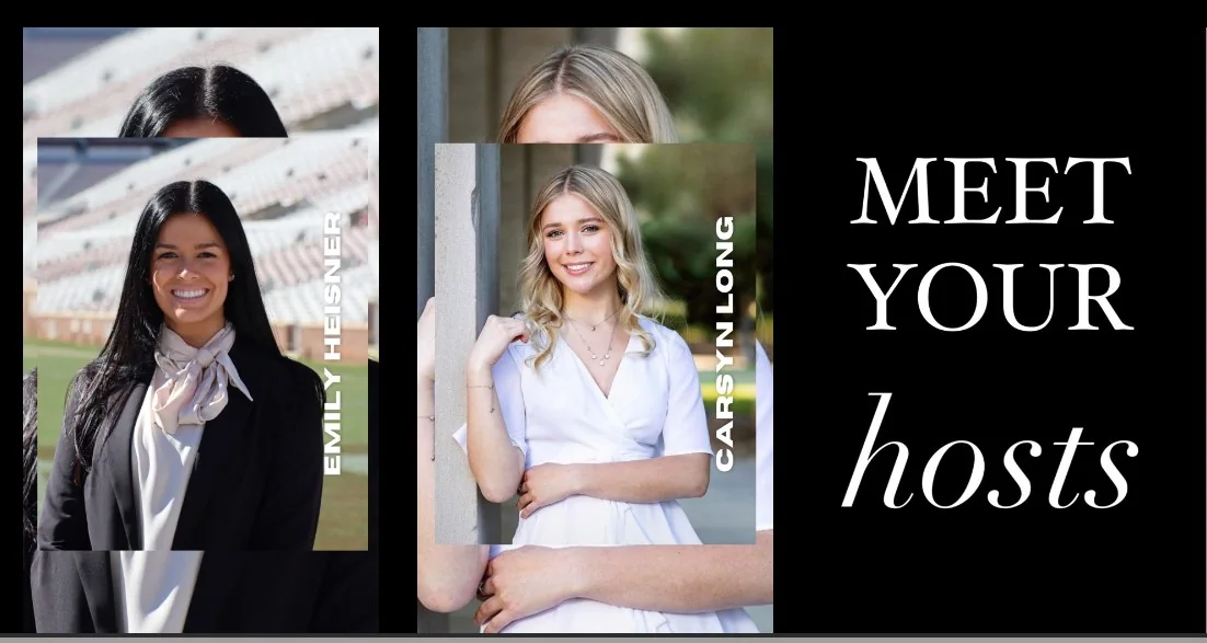 “Meet your hosts” graphic introducing Emily Heisner and Carsyn Long
