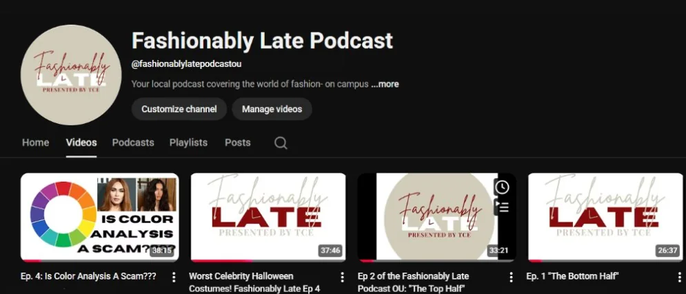 Fashionably Late YouTube channel with episode thumbnails