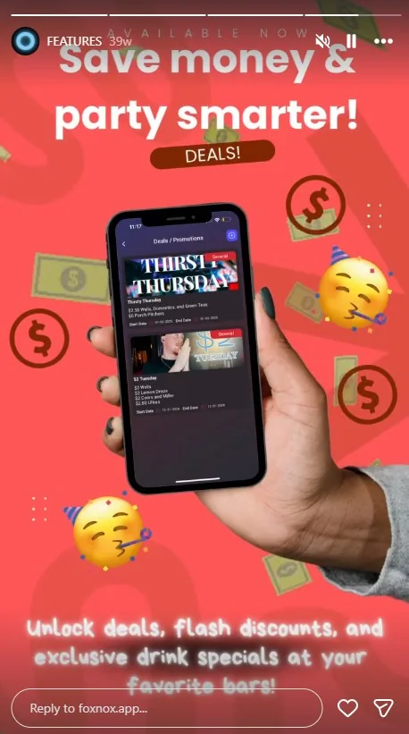 Instagram story promoting deals in the Fox Nox app