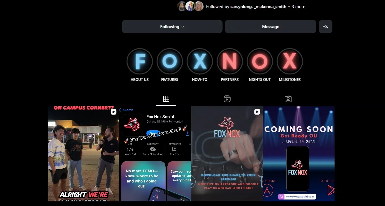 Fox Nox Instagram profile with story highlights organized by topic