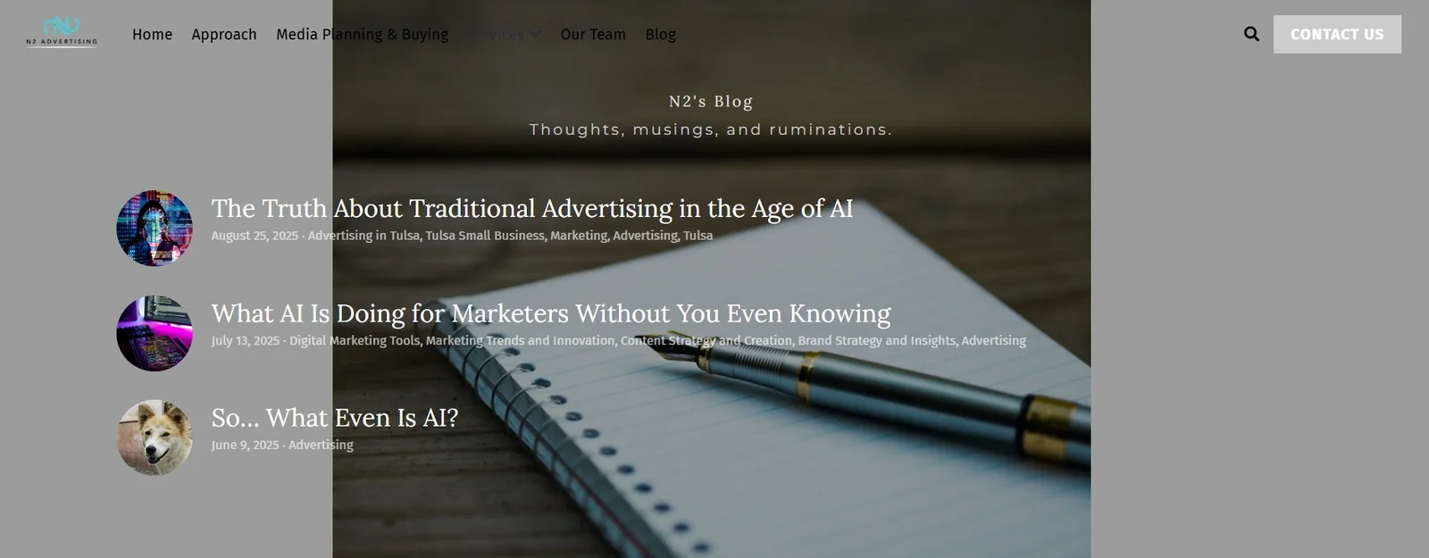 The N2 Advertising blog page listing the three articles