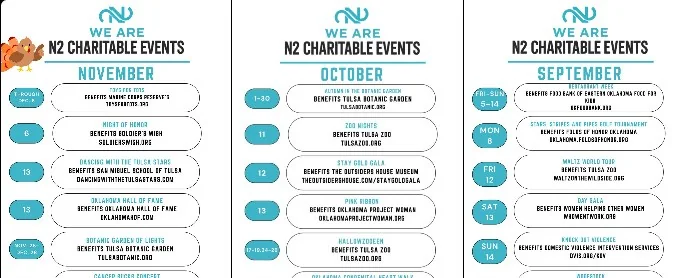 Monthly N2 Charitable Events calendars for September, October and November